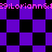 Pixelated purple and black checkered pattern with repeated pink text 'E9:Loriann&' across top and bottom edges.