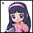 A pixelated anime-style character with long dark hair and a pink headband, wearing a pink top, positioned next to stylized text on a black background.