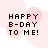 Pixelated text 'HAPPY B-DAY TO ME!' on white background with pink circular shapes and dotted lines, one frame shows gray rectangle replacing part of the design.