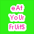 Green background with pink text reading 'eAt YoUr FrUiTS' above a of fruit images including oranges, bananas, strawberries, and apples