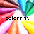 Pixelated image with radiating color bands and centered text reading 'colorrrr.' in black block letters.