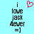 A static image with a light blue background displays black text reading "i love jack 4ever =]" in a pixelated font, with a red pixelated heart symbol above the text.
