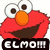 Pixelated red character with large white eyes, orange nose, and dark brown mouth, below black bar with white text 'ELMOM'