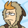 Pixelated cartoon character with light brown hair, orange spiked section, and brown side ponytail, wearing glasses and a brown-collared shirt against light blue background.