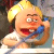 Pixelated cartoon character with blonde hair, red mouth, and blue object held to face in static image.