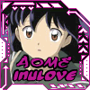Anime-style character with dark hair and brown eyes in a pink-bordered frame, text below reads 'AOME IMULOVE' on gray background.