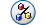 Circular icon with blue pixelated border containing three colored shapes connected by a black line on white background.