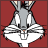 Animated sequence of a gray cartoon rabbit with white muzzle and inner ears against solid red background, showing head movements from front to side views.