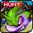 A 4-frame animated contact sheet showing a green cartoon monster with purple mouth and pink eyes, each frame displaying the same character in slightly different poses against a pixelated background with red "HUNT!" text at top.