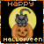 Pixel art of a black cat on an orange pumpkin with 'Happy Halloween' text, yellow moon background.