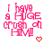 Pixelated pink text reads "I have a HUGE crush on HM" with two red heart symbols below, displayed in a static image.