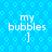Blue background with repeating hexagonal pattern, white text 'my bubbles :]' in four corners, pixelated style.