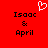 Red background with black text reading "Isaac & April" and a white pixelated heart symbol above the text.