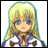 Pixelated anime-style character with long blonde hair and blue eyes, wearing a white and purple outfit with brown accents, set against a white background.