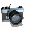 A silver and black camera icon with a black lens, shown in four distinct poses across a