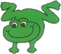 Two green cartoon frogs with large eyes and smiles, one in a dynamic pose with arms raised, the other sitting upright.