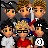 Pixel art collage of five stylized figures with varied hair colors and clothing, alongside repeated 'Linkin Park' text over dark gradient backgrounds featuring red roses and stars or dots.
