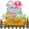 Pixel art rabbit with pink bow and floral wreath holding brown 'Chat' sign behind wooden fence.