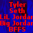 Red pixelated text on blue background with gray section, displaying names and phrases in multiple