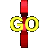 Animated sequence of red circular icons with yellow 'GO' text, showing progressive changes in shape and text visibility against a gray background.