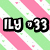 Pixelated icon with black-outlined white text 'ILY' and '33', a small camera symbol, on diagonal green and pink striped background.