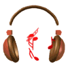 Brown headphones with red ear cups and brown headband, animated musical notes floating around them in various positions.