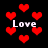 Red pixelated hearts float against a black background with the word 'Love' in white text appearing four times.