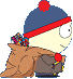 Pixelated cartoon character in blue hat with red pom-pom and stripe, brown coat, carrying colorful bag; head turns from left to right
