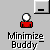 Pixelated red figure with white head and black outline, repeated across gray background with 'Minimize Buddy' text beneath each; cursor arrows point to various elements.