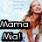 Pixelated image of a woman with long brown hair wearing a white top, overlaid with bold black text reading "Mama Mia!" against a light blue background.