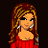 Pixelated cartoon-style buddy icon featuring a woman with long wavy hair in red and yellow tones, wearing a red striped top and silver earrings against a black background with scattered white text elements.
