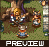 Pixel art scene with three characters: a blonde figure holding a sword, a red-haired character in armor, and a smaller figure with horns, all standing on grass near a tree.
