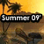 Pixelated beach scene with palm trees at sunset, text overlays change across frames.
