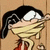 Animated cartoon character with black hair and white eyes wrapped in beige bandages, wearing a red garment against a brown background.