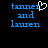 Blue pixelated text 'tanner and lauren' on black background with white heart symbol replacing the letter 'o' in 'tanner'.