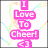 Pixelated icon with pink text reading "I Love To Cheer!" and a number 23, surrounded by pastel rainbow swirls on white background.