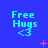 Blue background with repeated 'Free Hugs <3' text in cyan, pink plus and star symbols scattered across the