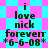Pixelated text on a cyan and pink checkered background with diamond-shaped patterns, showing 'i love nick forever *6-6-08*' in dark green font.