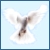 A pixelated figure with outstretched arms and legs against a light blue background, appearing to fall or float with white cloud-like shapes surrounding it.