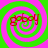 Four identical spiral patterns with alternating green and pink rings, each containing red cursive text reading 'goboy' in the center.
