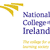 Yellow arrow-shaped symbol and blue text reading 'National College of Ireland' on white background with yellow text below