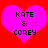 Two identical pink heart shapes on a red background, each containing black pixelated text reading KATE & COREY.