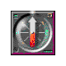 Animated compass icon with rotating orange and white needle, green tick marks on silver dial, dark gray border with pink accents.