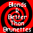 Red and black spiral background with white text reading "Blonds R Better Than Brunettes" in four identical arranged in a