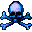 Pixelated skull and crossbones icon with blue bones, white skull, black eye sockets, red diagonal lines on right variant.