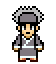 Pixel art character in traditional East Asian attire with a circular halo, shown in four sequential poses against gray background.