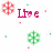 Pixelated red and green snowflake icons accompany pink text reading 'Live', 'Laugh', and 'Love' on a white background with scattered small colored pixels.