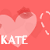 A pixelated heart-shaped icon with the name 'KATE' in white block letters on a coral background, featuring small decorative elements.
