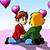 Pixelated image of two figures sitting together, one holding a large yellow flower, with pink heart shapes floating above them against a light blue and pink background.
