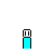 A pixelated figure with a white head and cyan body shifts from upright to angled positions